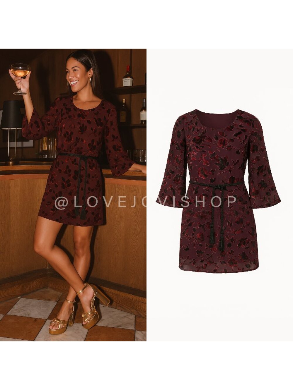 Dress | Halo Floral Velvet Bell Sleeve Mini Cord Fringe Belt | Retro Feminine XS